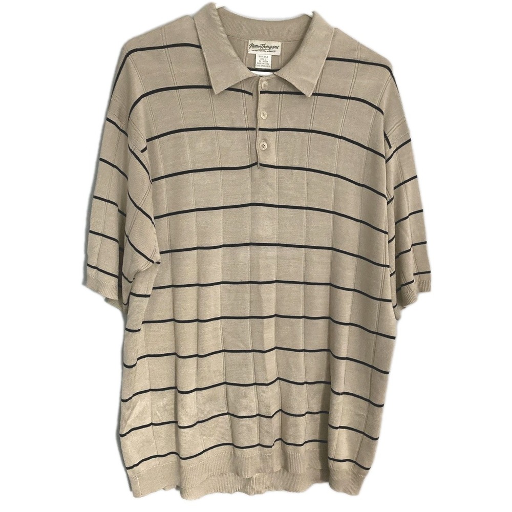 Vtg. Norm Thompson Polo Shirt Men L Tan Black Stripe 100% Silk Knit Short Sleeve